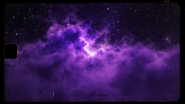Purple nebula space cloud within film frame border.