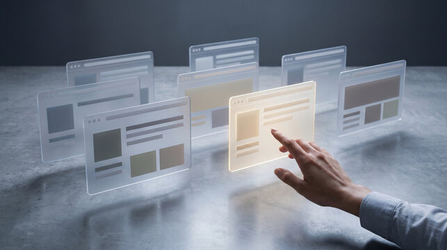 Hand choosing floating holographic UI panels over reflective surface
