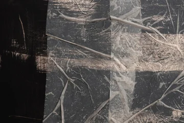 Crumble wrinkled paper pieces collage. Art Poster wall. Abstract grunge dirty black, beige white texture contrast background. © Liliia