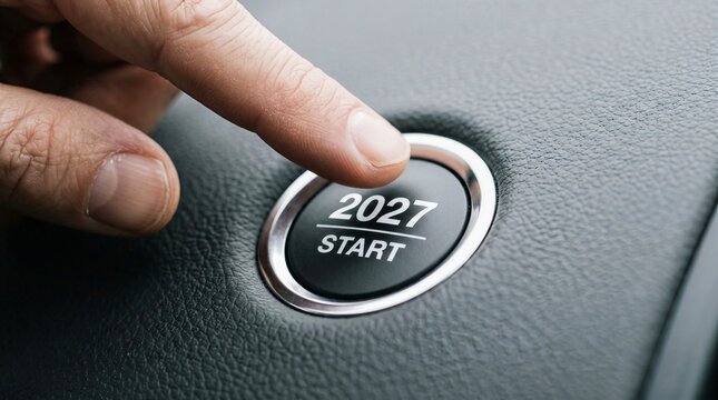 Finger pressing push start button with 2027 text on dashboard