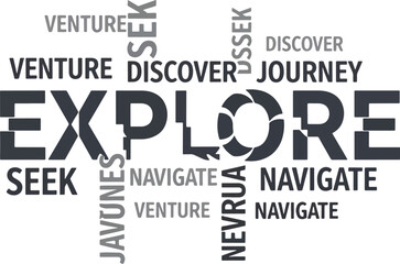 Obraz premium Explore word cloud with related terms like discover journey seek navigate venture.