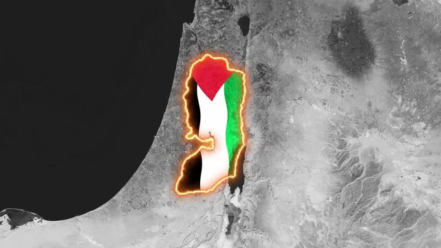 Palestine map outline with national flag animation on dark monochrome geographic background