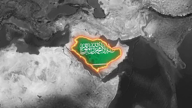 Saudi arabia map with glowing national flag animation on background, middle east geography