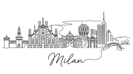 Obraz premium Line Art Illustration of Milan's Iconic Skyline Featuring Historic Monuments and Modern Skyscrapers