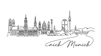 Obraz premium Minimalist Line Drawing of Munich Skyline Featuring Iconic Architectural Landmarks and Urban Landmarks in Monochrome