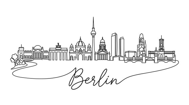Minimalist Line Art Representation of Berlin Skyline Featuring Iconic Landmarks and Architecture