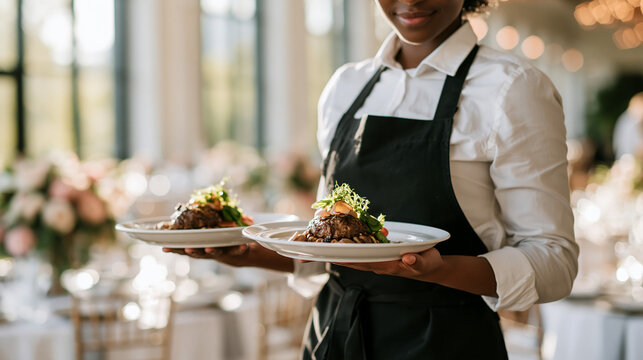 Close up of a waiter in a crisp white shirt and black apron carrying two white porcelain plates with a plated meat dish framed from the shoulders down bright airy banquet hall