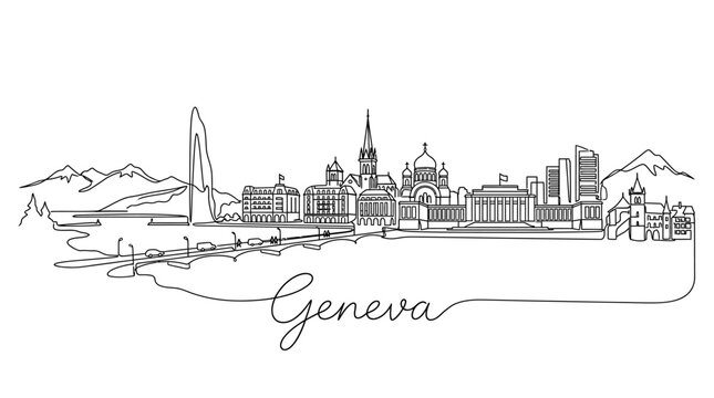 Minimalist Line Drawing of Geneva Skyline Featuring Iconic Landmarks and Surrounding Mountains
