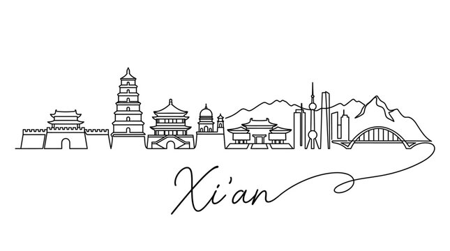 Elegant continuous line illustration capturing Xi'an's iconic historical and modern skyline featuring ancient pagodas,