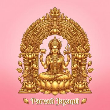 Golden seated goddess illustration celebrating parvati jayanti with intricate floral with goddess adorned jewelry