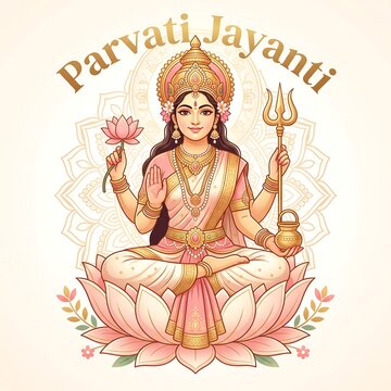 Divine goddess parvati seated on lotus flower for traditional celebration illustration with depicts serene illustration