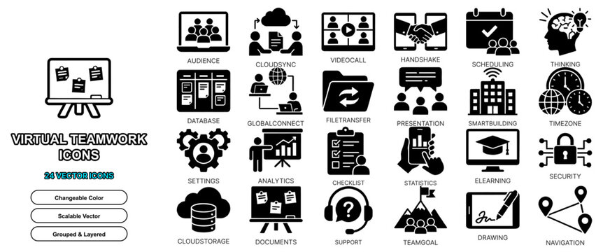 virtual teamwork flat icon set vector team collaboration solid glyph isolated online meeting web ui sign element