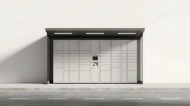 A modern outdoor automated parcel locker station designed for convenient curbside pickup services located on a city sidewalk against a clean white wall