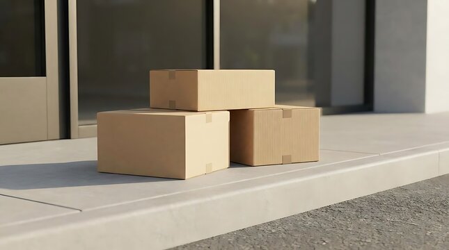 Three brown cardboard packages resting on a concrete storefront ledge for convenient curbside pickup during a modern contactless retail shopping experience