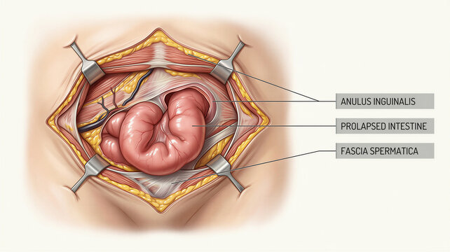 Medical illustration of an inguinal hernia with exposed intestine and retractors