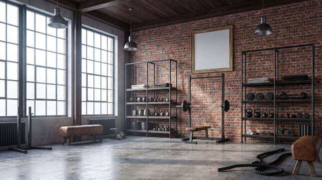 Frame mockup on brick wall in industrial home gym with weight equipment, 3d render