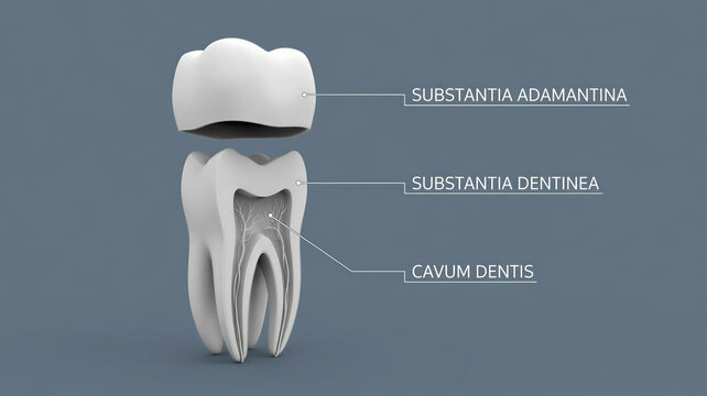 Detailed anatomical visualization of human tooth structure showcasing enamel dentin and pulp cavity layers on grey background