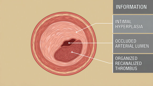 Cross section diagram of an artery showing Intimal hyperplasia and an organized recanalized thrombus within a narrow lumen