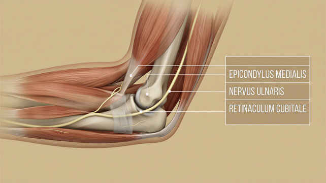 Detailed anatomical view of the human elbow highlighting the Nervus Ulnaris pathways through the Epicondylus Medialis region