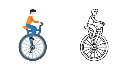 Unicyclist Illustration With Color And Line Art Versions On White Background © Kaium