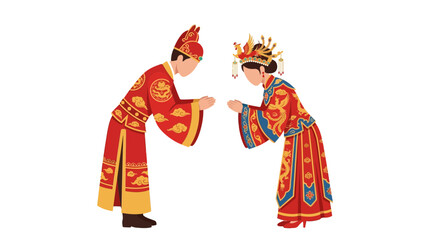 Obraz premium Chinese Wedding Couple in Traditional Red Attire Bowing