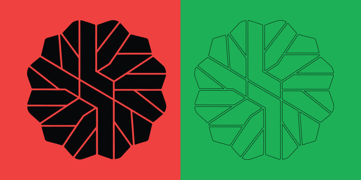 Complex geometric floral pattern with intersecting lines, solid black shape and matching outline on split background