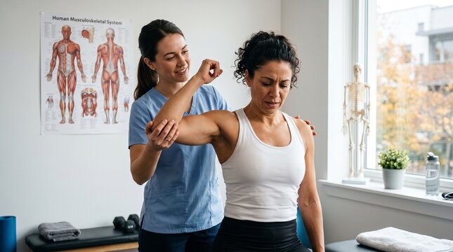Professional physiotherapy session for shoulder injury, female physical therapist assisting patient with arm exercises, rehabilitation clinic treatment