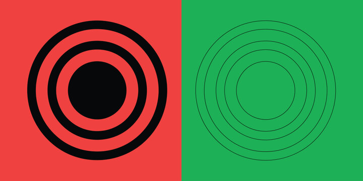 Concentric circular target pattern with solid black center and matching linear outlines on red and green backgrounds