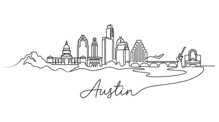 Naklejka premium Minimalist Black and White Line Drawing of Austin City Skyline Featuring Iconic Landmarks and Natural Landscape