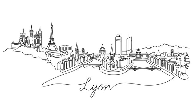 Minimalist Line Art Illustration of Lyon's Iconic Cityscape with Landmarks and Mountain Backdrop