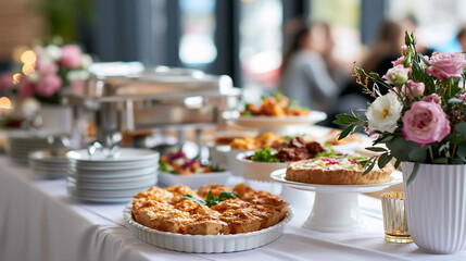 Fototapeta premium Wedding buffet table with white linen floral decorations and assorted dishes at a bright venue wide composition with clean airy background catering wedding buffet event food