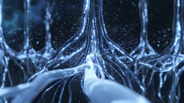 Abstract depiction of electrical discharge and energy flow through interconnected structures.
