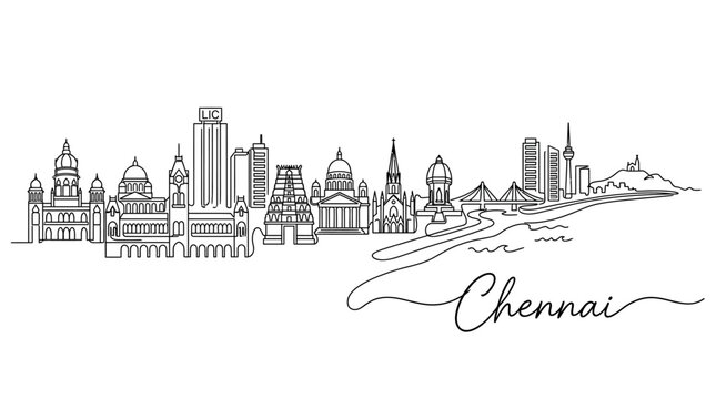 Stylized line art illustration of the vibrant skyline and waterfront of chennai capturing iconic landmarks and urban landscape