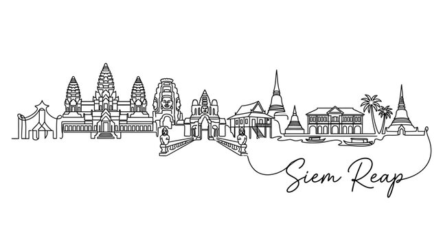 Minimalist Line Drawing of Siem Reap Featuring Majestic Temples and Iconic Landmarks in a Continuous Outline Art Style