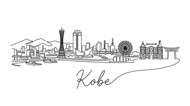 Minimalist black and white line art of Kobe city skyline with iconic landmarks and scenic mountains in the background