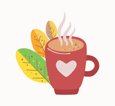 Mug with a hot drink. Tea cup. Bright autumn leaves. Mug with a heart. Vector illustration, isolated background.