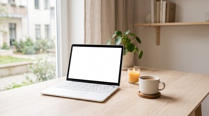 Fototapeta premium Minimalist home office workspace featuring a laptop with a blank white screen beside a warm cup of coffee and a potted plant near a bright window