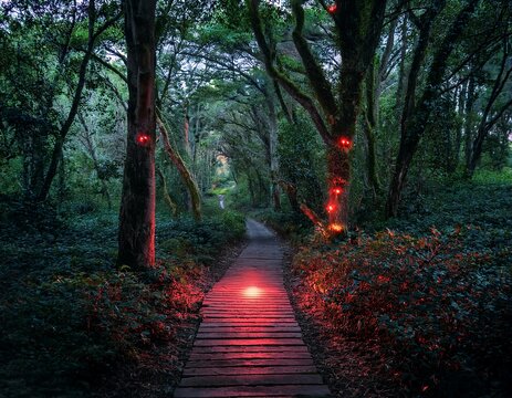 enchanted forest path with glowing red eyes at dusk surrounded by lush greenery and soft light filtering through trees