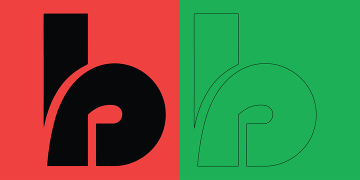 Stylized letter b monogram in solid black and linear outline versions on red and green backgrounds