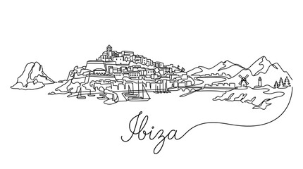 Fototapeta premium Minimalist Line Art Depiction of Ibiza Island's Coastal Landscape and Architectural Highlights