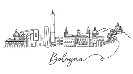Obraz premium Minimalist Line Drawing of Bologna Skyline Featuring Historic Buildings and Landmarks in Black and White