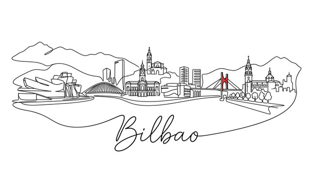 Minimalistic continuous line drawing of Bilbao's skyline featuring prominent architecture and iconic landmarks