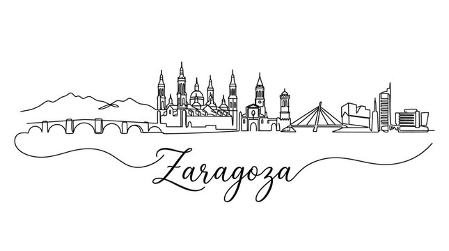 Minimalist line drawing of Zaragoza city skyline featuring historic and modern architecture with the city name elegant script