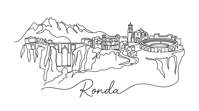 Minimalist line art illustration of Ronda emphasizing its mountainous landscape and historic cityscape with iconic structures