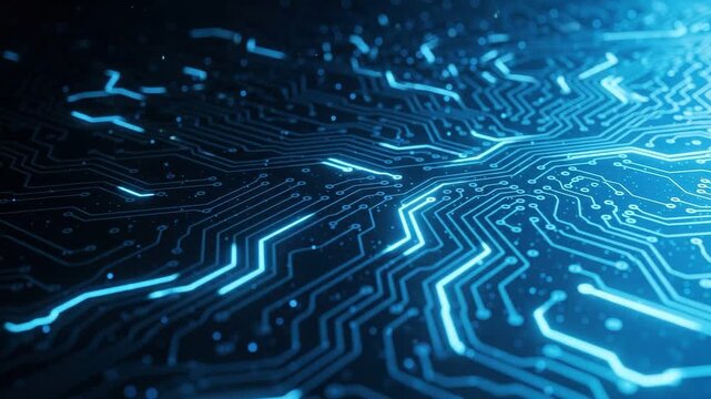 Abstract digital circuit board with glowing blue data pathways