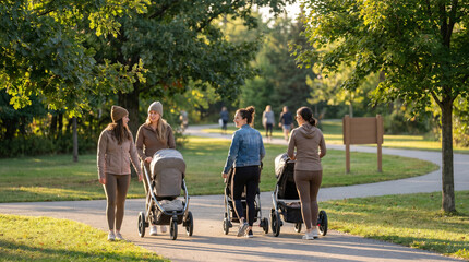 Naklejka premium Neighborhood Park Stroller Meetup Supporting Postpartum Community Wellness