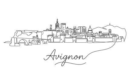 Fototapeta premium Elegant minimalist black and white line drawing of historic Avignon cityscape with iconic structures and surrounding mountains