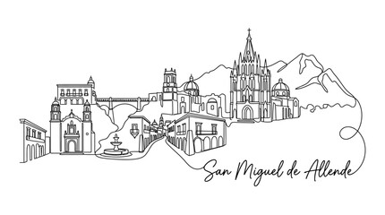 Naklejka premium Minimalist line art illustration depicting the iconic skyline of San Miguel de Allende with historic architecture and