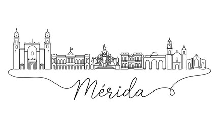 Obraz premium Minimalist Line Drawing of M?rida City Skyline Featuring Iconic Structures and Historical Landmarks in a Continuous Artistic