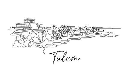 Fototapeta premium Minimalist Line Drawing of Tulum Coastal Scene Highlighting Modern Architecture and Tropical Landscape